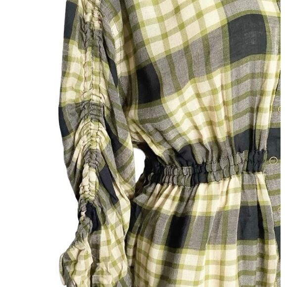 We The Free Pacific Dawn Plaid Snap Front Shirt Ruched Sleeves Tie Waist XS NWT - Picture 5 of 10